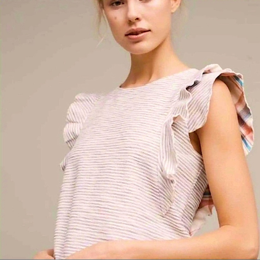 Anthropologie Ruffle Sleeve Striped Shirt